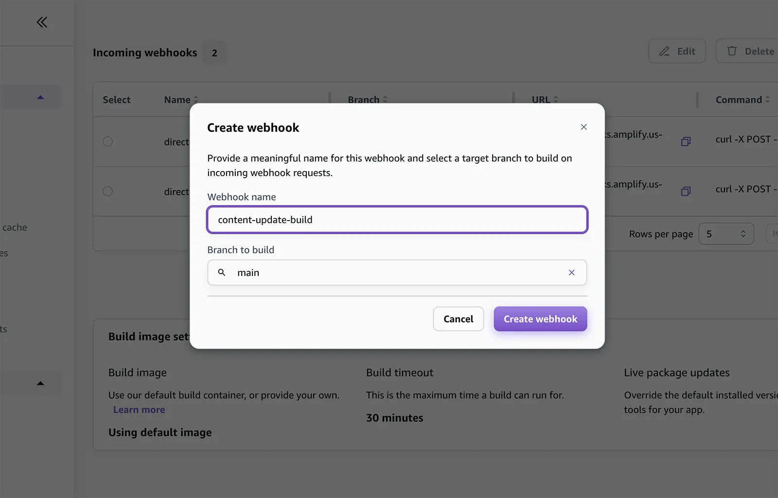 A screenshot of AWS Amplify settings to create a new webhook. It shows the webhook name and the git branch associated with the build.