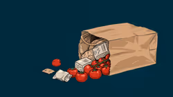 An illustrated bag of groceries tipped over with tomatoes and other items spilling out