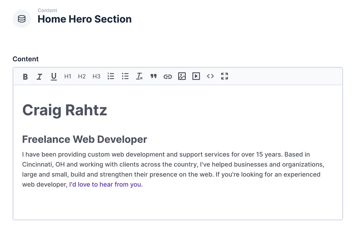 A screenshot of the Directus backend showing the edit screen for the homepage hero section of rahtz.net