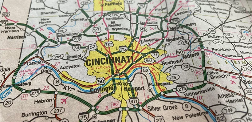 paper map of Cincinnati, OH