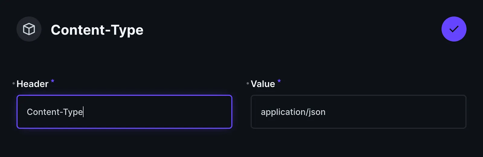 Screenshot of Directus showing the config screen for a Content-Type header setting with the value application/json