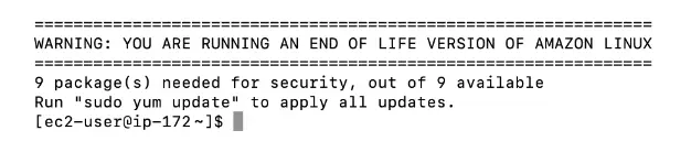 Terminal screen show an end-of-life notice for a Amazon Linux