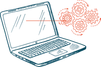 sketch of a laptop and some gears in motion