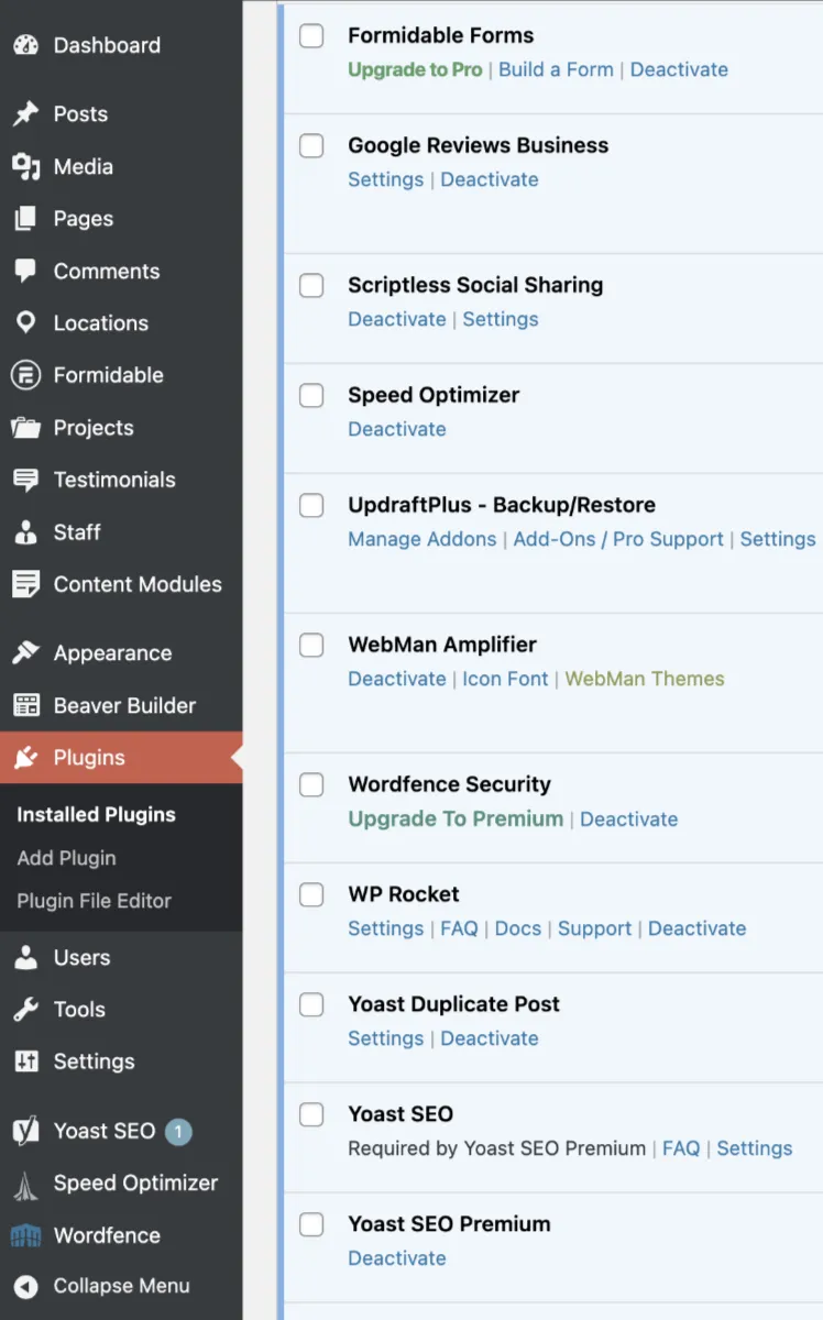 WordPress admin dashboard showing plugin management area